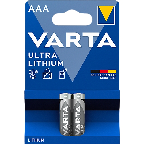 Two grey AAA batteries, VARTA Ultra Lithium. Blue packaging: Logo, text, and pictograms.