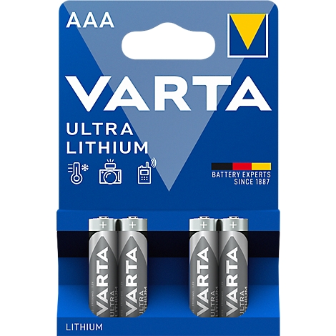 Blue and silver battery pack with VARTA logo and batteries. Logo in the top right, with "Ultra Lithium" underneath.