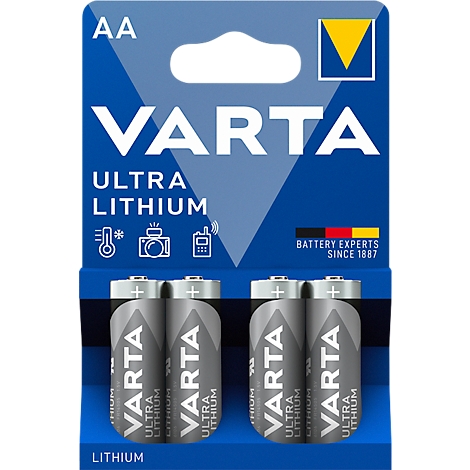 A package of AA batteries from Varta Ultra Lithium, four batteries visible. The blue background bears the brand name and product name.