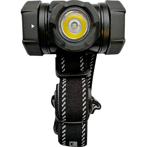 Black headlamp with white light and headband. The light is round, the band with gray-white stripes.