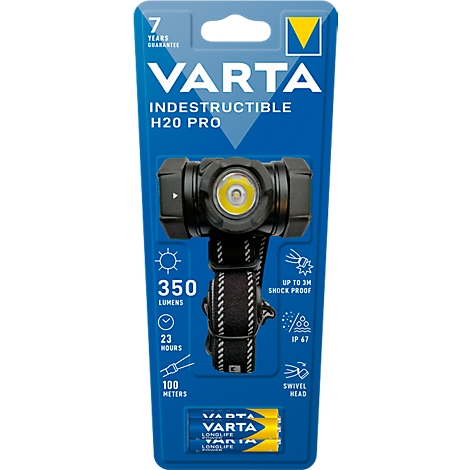 Black headlamp with white light, surrounded by blue packaging. Inscription VARTA, Indestructible H20 Pro.