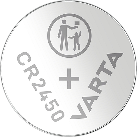 Knopfzelle mit Schriftzug CR2450, Pluszeichen, Varta Logo und Kindersicherungssymbol.