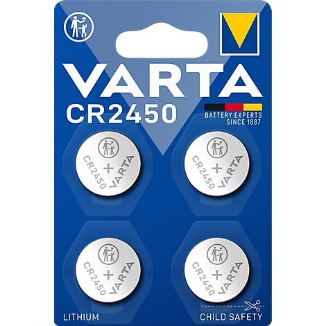 Blisterpackung mit vier Lithium-Knopfzellen, Marke VARTA, Modell CR2450. Aufschrift: Lithium, Kindersicherheit.
