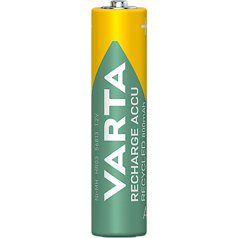 Een groene Varta Recharge Accu batterij met een gele achtergrond. Opschrift: VARTA, Recharge Accu, 800mAh.