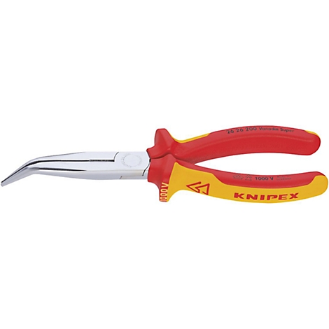 Curved pliers with red and yellow handles. Printed lettering.