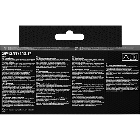 Zwarte productverpakking met witte hanger, tekst in verschillende talen, "3M Safety Goggles".