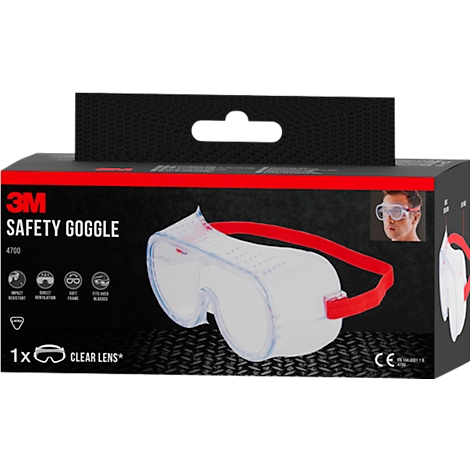 Veiligheidsbril en verpakking, met rode band. Opschrift: 3M SAFETY GOGGLE. Helder lensontwerp, afbeelding van een persoon met bril.