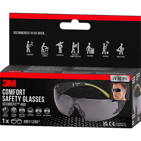 Bril op productverpakking. Gedrukte labels tonen 3M Comfort Safety Glasses Securefit 400, grijze lenzen en aanbevolen toepassingen.