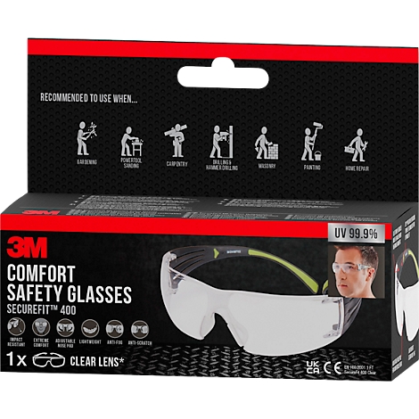 Veiligheidsbril op een verpakking. Op de verpakking staat '3M Comfort Safety Glasses Securefit 400' en voorbeelden van gebruik.