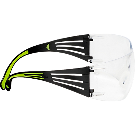 Veiligheidsbril met transparante glazen, zwart montuur en groene accenten.