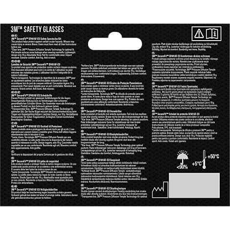 Zwart etiket met tekst, temperatuurweergave en het 3M™ Safety Glasses logo.