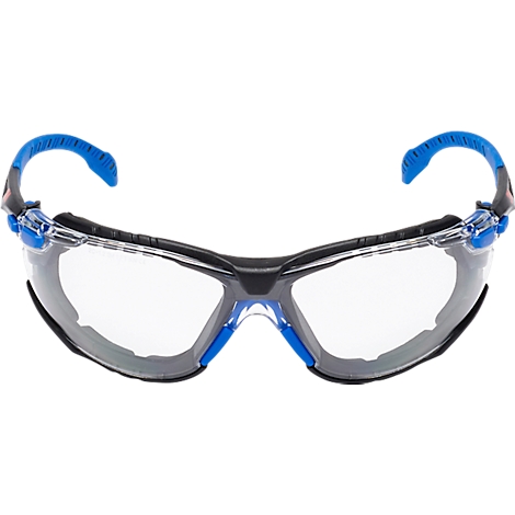 Veiligheidsbril met heldere glazen en blauwe veren en accenten. Het montuur is zwart.