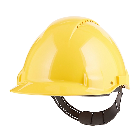 Gele veiligheidshelm, verpakt in transparante folie. Op de helm is een sticker met tekstinformatie bevestigd.