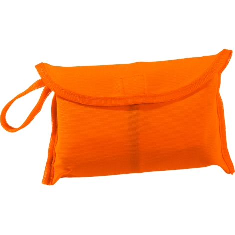 Klein, fel oranje opbergtasje met klittenbandsluiting en een handige draaglus.