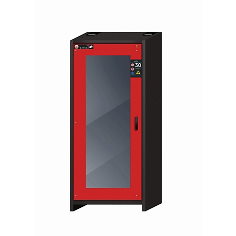 Rode kast met glazen voorkant, zwart frame en handvat. De deur heeft displays en labels.