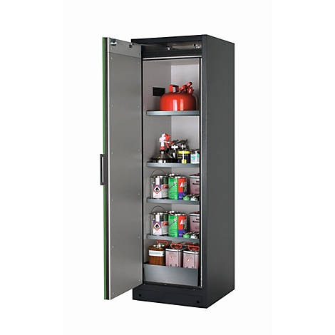 Open grijze kast met diverse containers en een rode brandblusser.