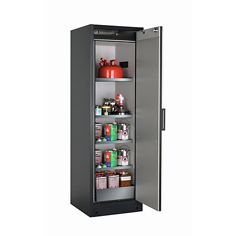 Een grijze kast met de deur open, gevuld met blikken en containers.