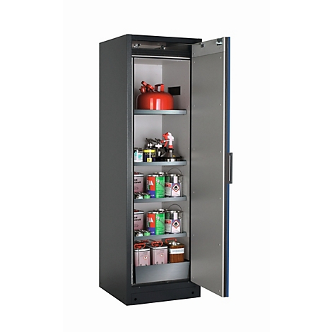 Open veiligheidskast met diverse containers en items. De kast is donkergrijs, binnenkant grijs, op een witte achtergrond.