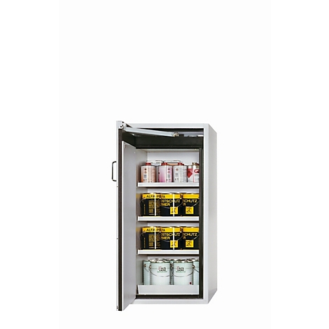 Open witte kast gevuld met verfblikken en emmers. Afdrukken in geel en wit zijn herkenbaar.