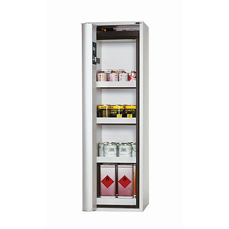 Open, witte veiligheidskast. Op de planken staan verfblikken, vernissen en canisters met gevaarsymbolen.