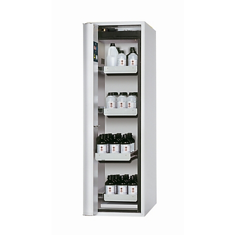 Witte kast, deur open. Binnenin: flessen en containers op uitschuifbare planken. De kast staat op een witte achtergrond.