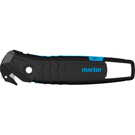 Zwart mes met blauwe accenten en het woord 'martor'.