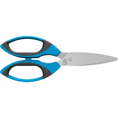 Schaar met blauwe en grijze handvatten, met zilverkleurige messen die in een punt samenkomen.