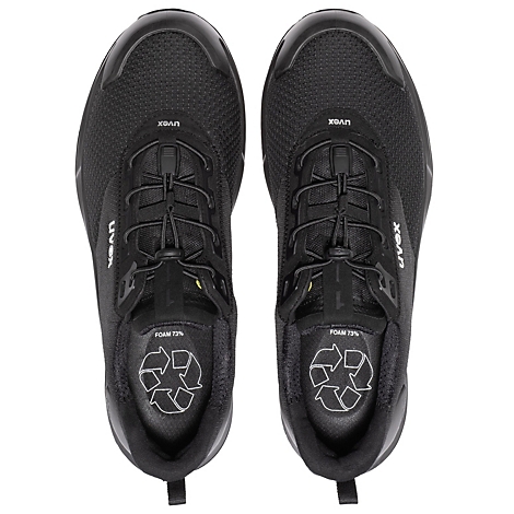 Twee zwarte veiligheidsschoenen van bovenaf, vetersluiting, Uvex-opschrift.