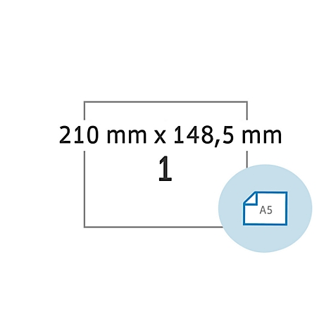 Rechthoek met tekst: 210 mm x 148,5 mm, 1, en een ronde afbeelding met een A5-papiersymbool.