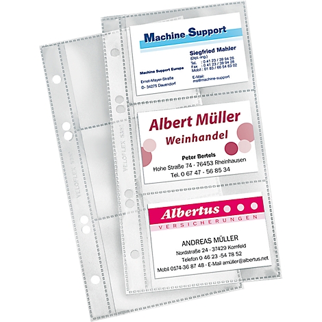 Clear view holders with business cards showing company logos and names.