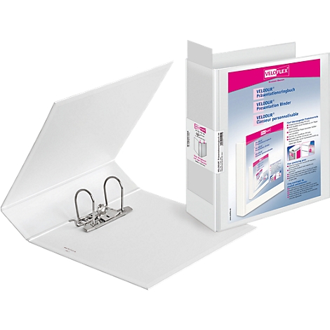 Classeur blanc, ouvert, mécanisme à anneaux visible. À côté, un classeur fermé avec un logo rose.