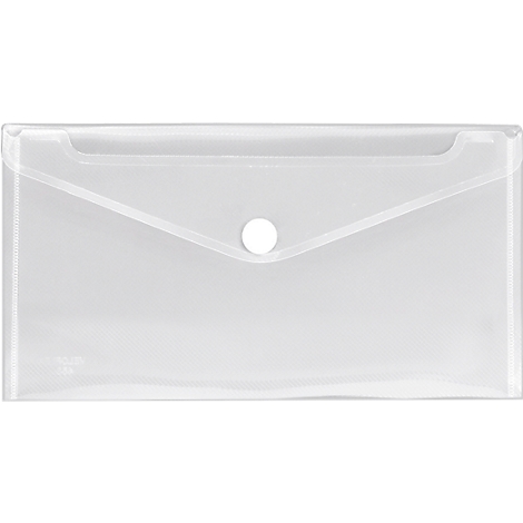 Transparent rectangular document case with button flap. The button is white.