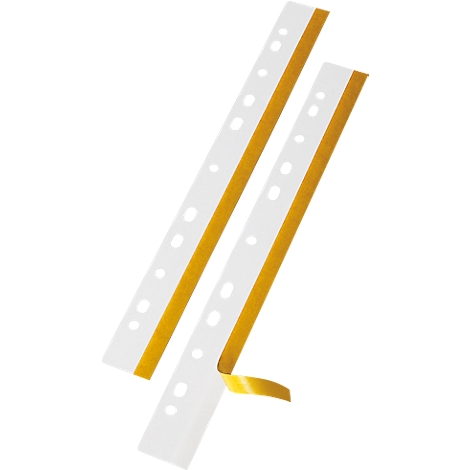 Two white binding strips with yellow borders, with holes and partially removed adhesive tape.