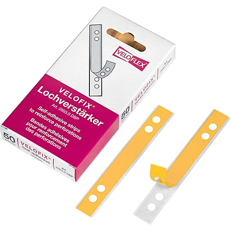 Product image of hole reinforcers in a package and individually, yellow and white. The package says "Lochverstärker" and "VELOFIX".