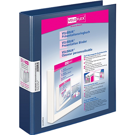 Blue binder with white inner part and prints. Logo and product name are visible.