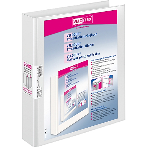 A white presentation binder with pink accents. The book features the "VELODUR" logo and text in German, English, and French.