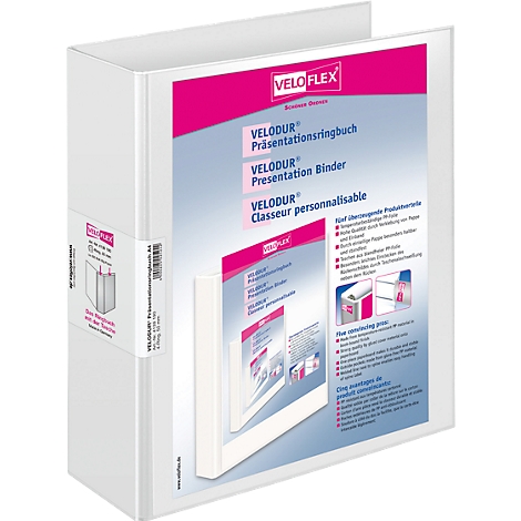 White binder with pink VELODUR lettering. On the front page there is another picture of the binder. Several texts can be seen on the cover.