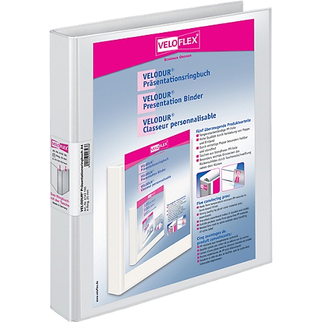 Witte ringband met roze logo en opschrift. Tekst: VELODUR Presentatiemap.