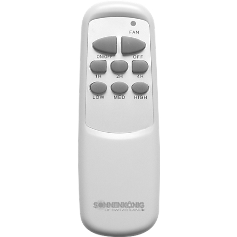 Télécommande blanche avec boutons marche/arrêt, minuterie et vitesses du ventilateur. Logo Sonnenkönig en bas.