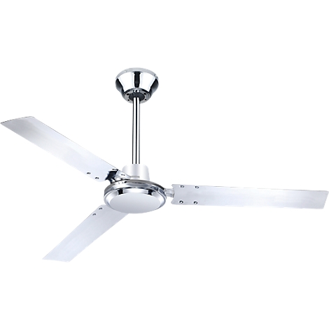Ventilateur de plafond argenté à trois pales et accents chromés.
