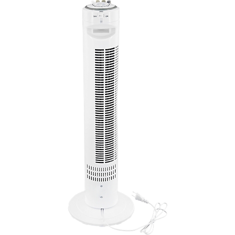 Ventilateur tour blanc avec une base ronde et des fentes d'aération noires. Un câble avec une prise est à côté.