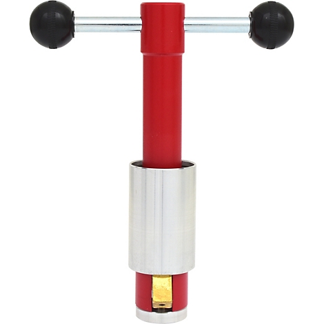 Rotes Werkzeug mit silbernem Aufsatz, schwarzer Kugelgriff. Metallischer Gegenstand.