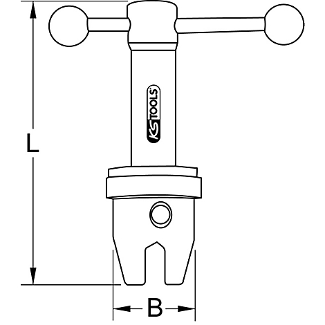 Schwarz-weiß-Zeichnung eines Werkzeugs. Oben zwei kugelförmige Griffe, mittig ein Logo von KS TOOLS. Unterhalb ein Gabelkopf, Maße 'L' und 'B'.