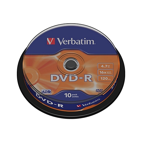 Nahaufnahme eines DVD-R-Pakets mit dem Verbatim-Logo, mit Spezifikationen wie 4,7 GB, 16x und 120 Minuten.
