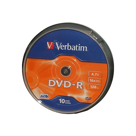 DVD-R von Verbatim in einer transparenten HÃ¼lle. Auf der DVD stehen Angaben wie 4.7, 16x und 120.