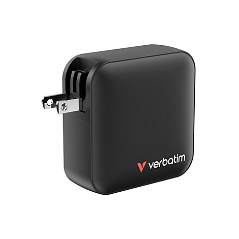 Chargeur noir avec fiches. Le logo "verbatim" est visible sur la surface.