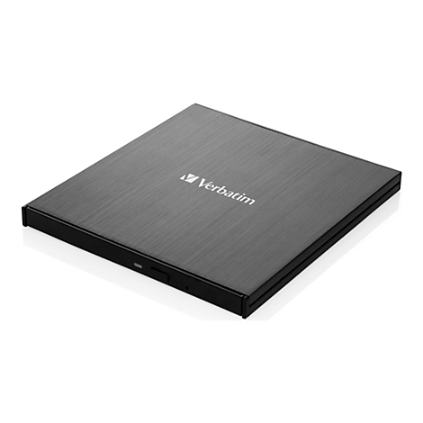 Lecteur DVD externe gris foncé avec surface brossée, logo du fabricant "Verbatim".