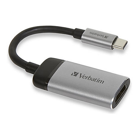 Un adaptateur USB-C vers HDMI Verbatim gris, relié par un câble noir.