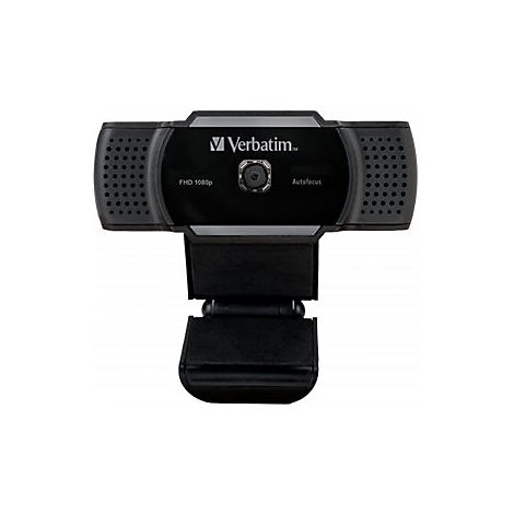 Schwarze Webcam mit Verbatim-Logo, Autofokus und FHD 1080p. Mit Halterung.