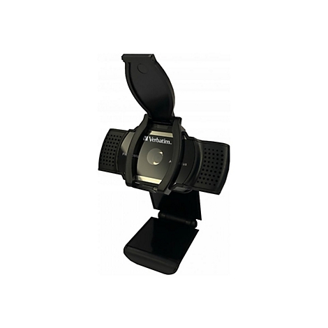 Schwarze Webcam mit Objektiv, Markenzeichen 'Verbatim' und Deckel.